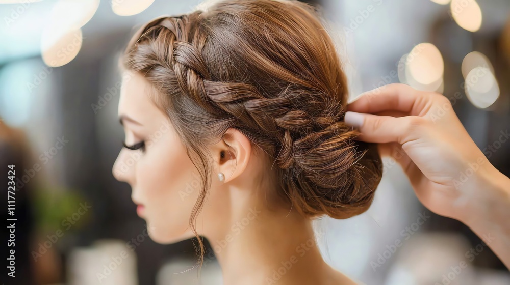 Fototapeta premium A stylist finishes a woman's elegant updo.
