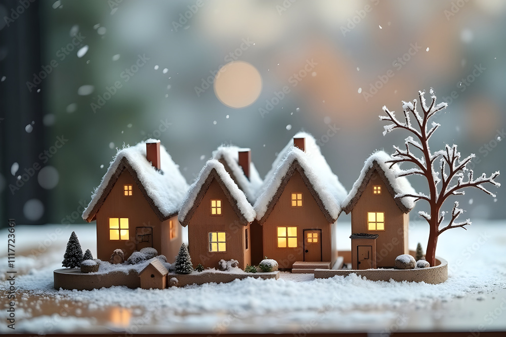 Fototapeta premium Scandinavian village model on a wooden table