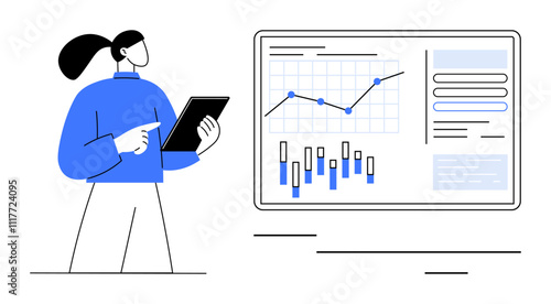 Person reviewing data on tablet with large screen displaying interactive graphs, charts, and reports. Ideal for business analytics, data presentations, professional training, academic research, tech