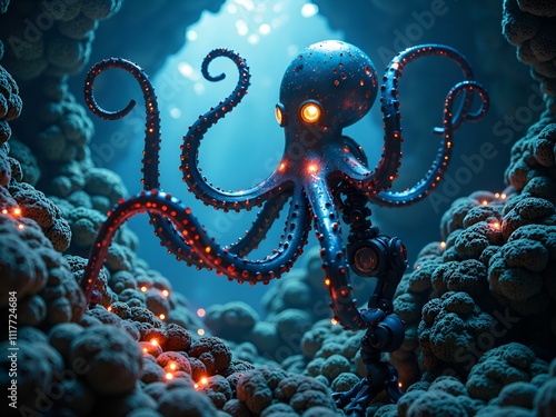 A mystical octopus illuminating a submerged cavern with robotic elegance, digital art of fantasy concept. photo