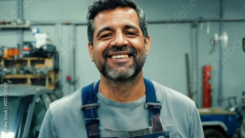 Smiley middle aged mixed race car repair master looking at camera. A smiley car repair master who loves his work! Watch him share tips and tricks for your vehicle. photo