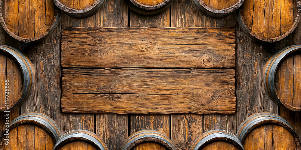 Fototapeta premium A rustic wooden background featuring several barrels arranged around a central blank space, ideal for showcasing text or images.