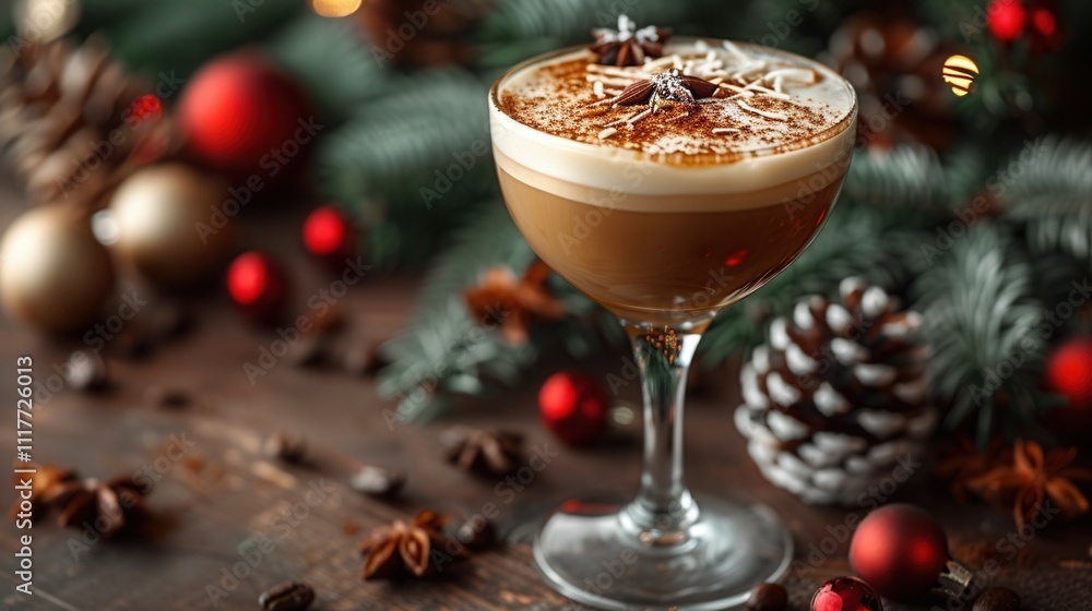 Festive coffee cocktail adorned with spices, set against a cozy holiday backdrop. Generative AI Festive coffee cocktail adorned with spices, set against a cozy holiday backdrop. Generative AI