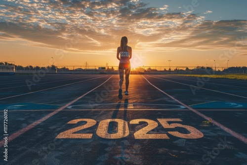 New year resolution 2025 concept. Word start 2025 written on athletics track and athlete woman runner preparing for new year at sunset for challenge and change. planning health and the goal to success