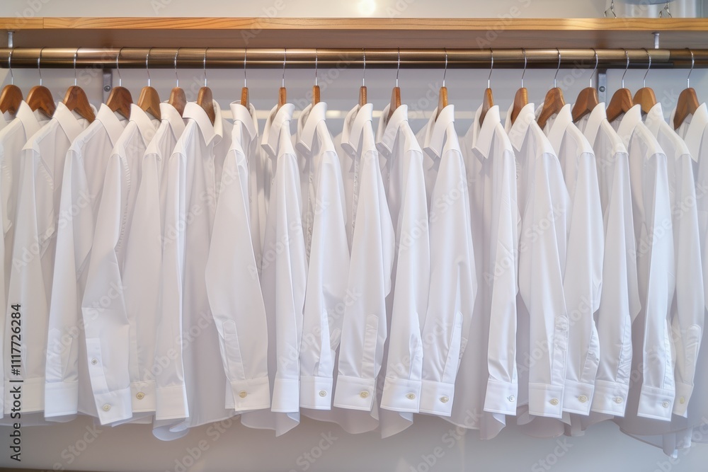 A row of neatly arranged white and blue dress shirts on wooden hangers inside a wardrobe or closet, showcasing an organized and stylish clothing display. A row of neatly arranged white and blue dress shirts on wooden hangers inside a wardrobe or closet, showcasing an organized and stylish clothing display.