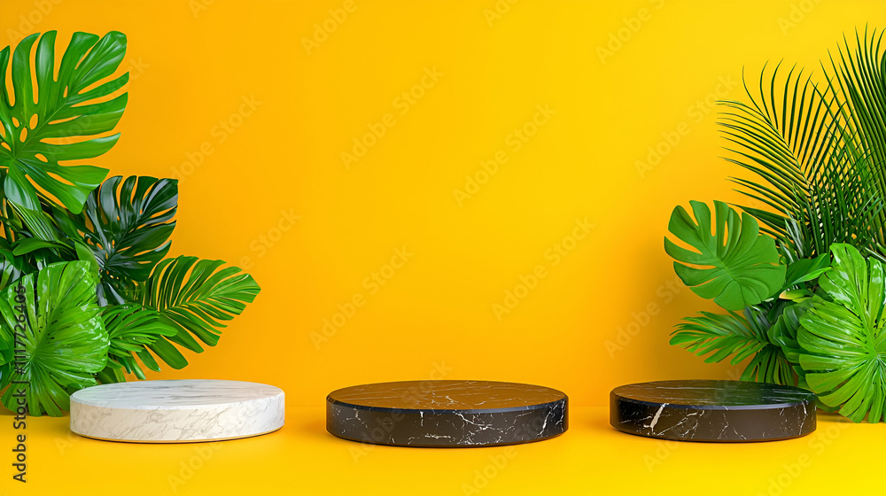 Obraz premium A vibrant scene featuring three circular objects on a yellow background, surrounded by lush green foliage, creating a lively and tropical atmosphere.