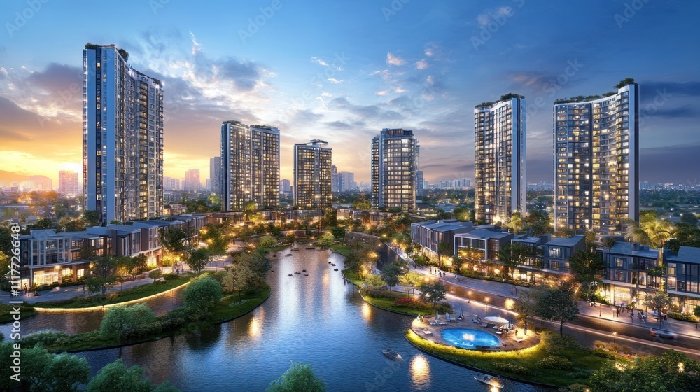 Fototapeta premium Luxury Waterfront Apartments at Dusk: A Serene Evening in a Modern City