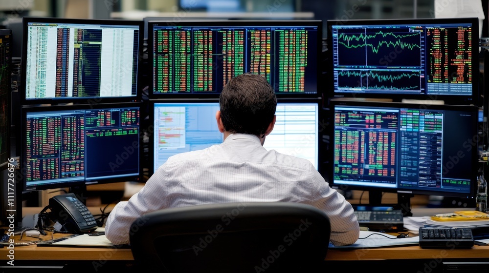 Over the Shoulder Shot of Financial Analyst Working with Monitors Over the Shoulder Shot of Financial Analyst Working with Monitors