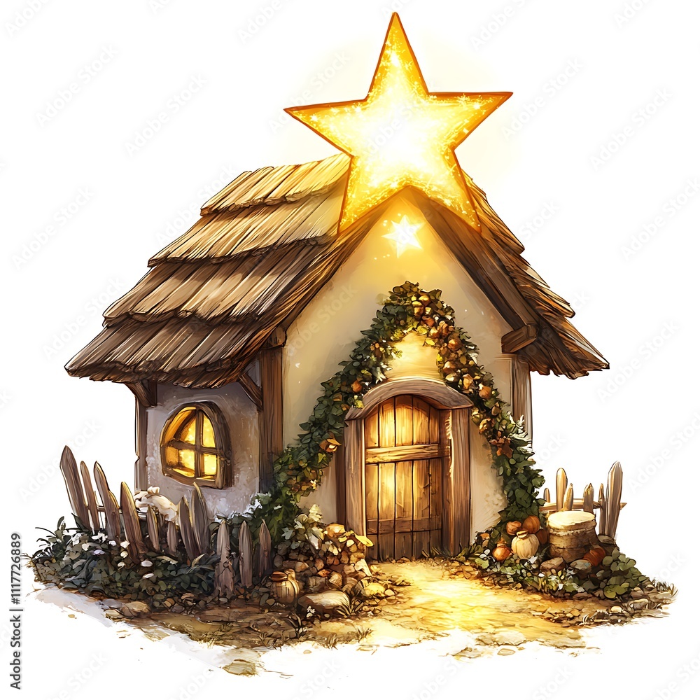Fototapeta premium Glowing Anime Star Guiding to Rustic Manger on White Background