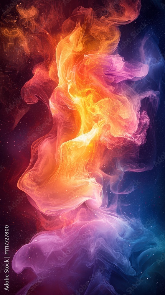 Vivid swirling colors create an ethereal display of orange, pink, and blue hues in a cosmic atmosphere Vivid swirling colors create an ethereal display of orange, pink, and blue hues in a cosmic atmosphere