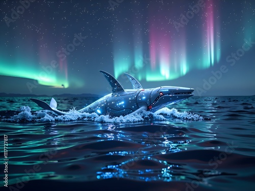 A surreal underwater scene featuring a bioluminescent shark amidst dancing aurora borealis lights, digital art of surrealism concept. photo