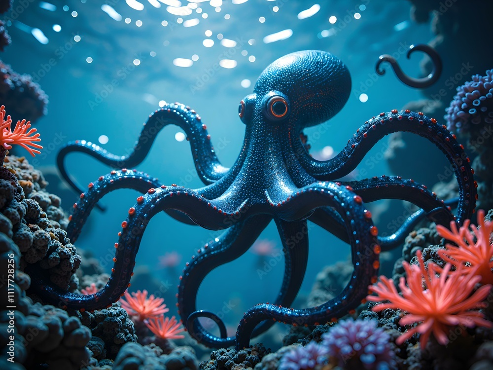 A lively underwater encounter with a vibrant octopus amidst coral and colorful sea life, digital art of marine life concept. A lively underwater encounter with a vibrant octopus amidst coral and colorful sea life, digital art of marine life concept.