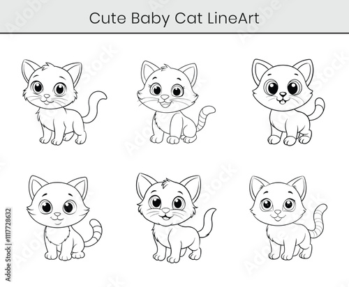 A set of cute baby cat lineart on white background