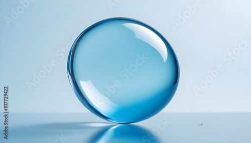 A large, translucent blue water droplet or bubble against a light blue background