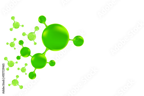 Green organic oil or collagen 3D molecule icon, with liquid glowing particles, fluid bubbles, isolated PNG, transparent background. Bio serum formula. Beauty biotechnology treatment nutrition.