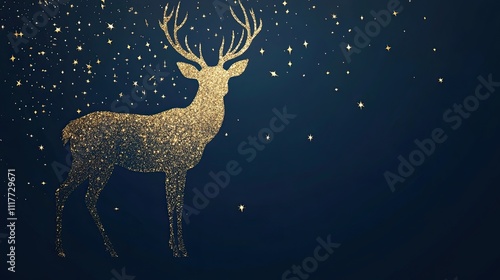 A gold deer silhouette with glitter on the right side against a blue background, creating a magical and festive design for holiday-themed projects, Christmas cards, and elegant decorations. photo