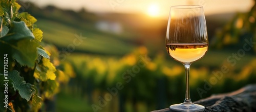 A glass of white wine rests on a wooden surface in a vineyard at sunset.