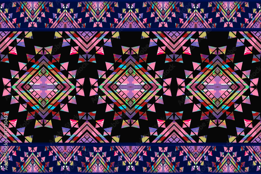 Ikat seamless pattern, geometric design, motif ethnic handmade, Ikat ethnic tribal, boho colors seamless wallpaper. Ethnic Ikat abstract background art.Illustration for printing