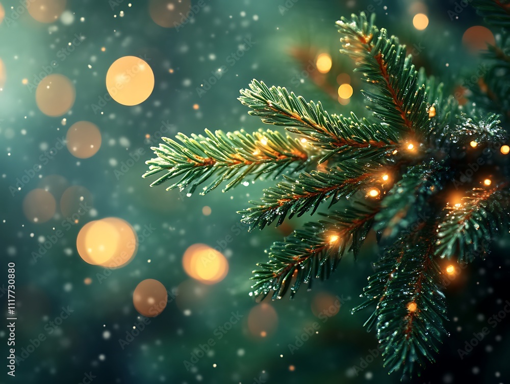 Festive Christmas tree branch with lights and snow Festive Christmas tree branch with lights and snow