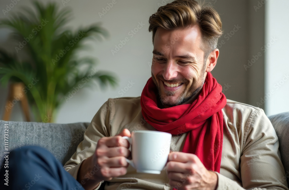 A cheerful man, recovering from a cold, sits on the sofa wrapped in a red scarf and enjoys a warm cup of tea from a white mug A cheerful man, recovering from a cold, sits on the sofa wrapped in a red scarf and enjoys a warm cup of tea from a white mug
