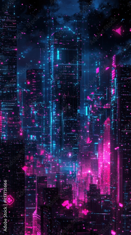 Fototapeta premium 5G smart city night skyline with digital connections and neon lights