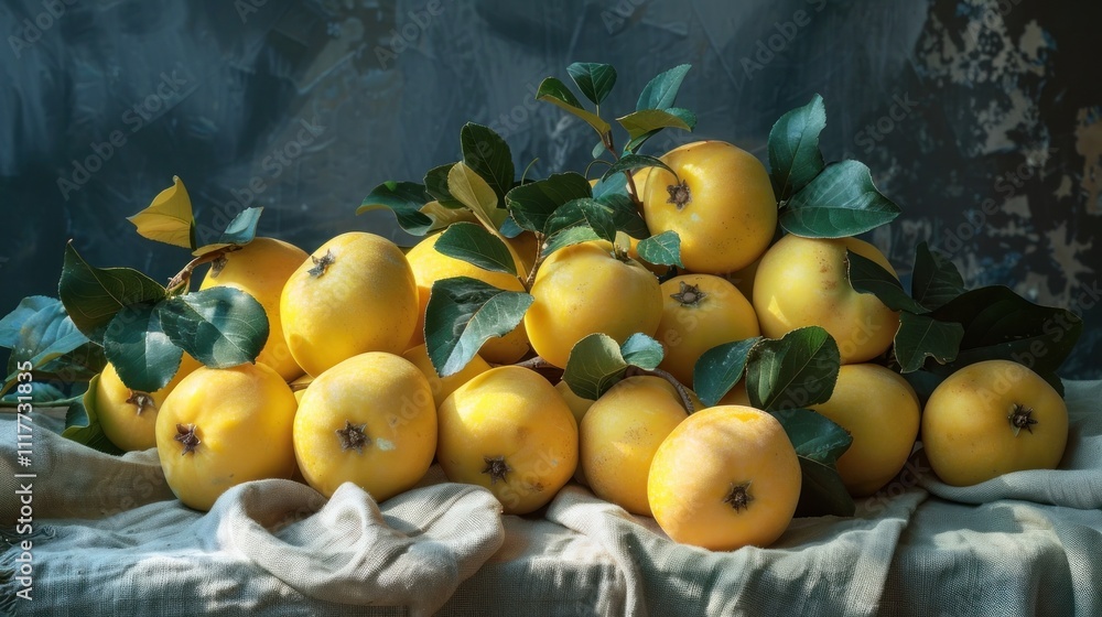 Bountiful harvest of fresh ripe golden apples arranged on a rustic wooden table with natural cloth backdrop Abundance of organic Bountiful harvest of fresh ripe golden apples arranged on a rustic wooden table with natural cloth backdrop Abundance of organic