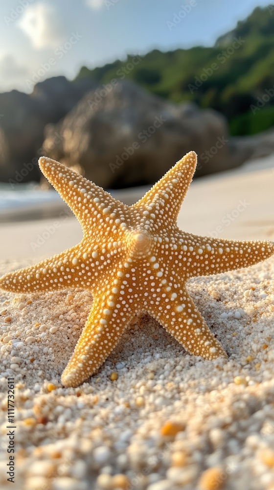 Christmas starfish ornament on sandy beach with ocean background Christmas starfish ornament on sandy beach with ocean background