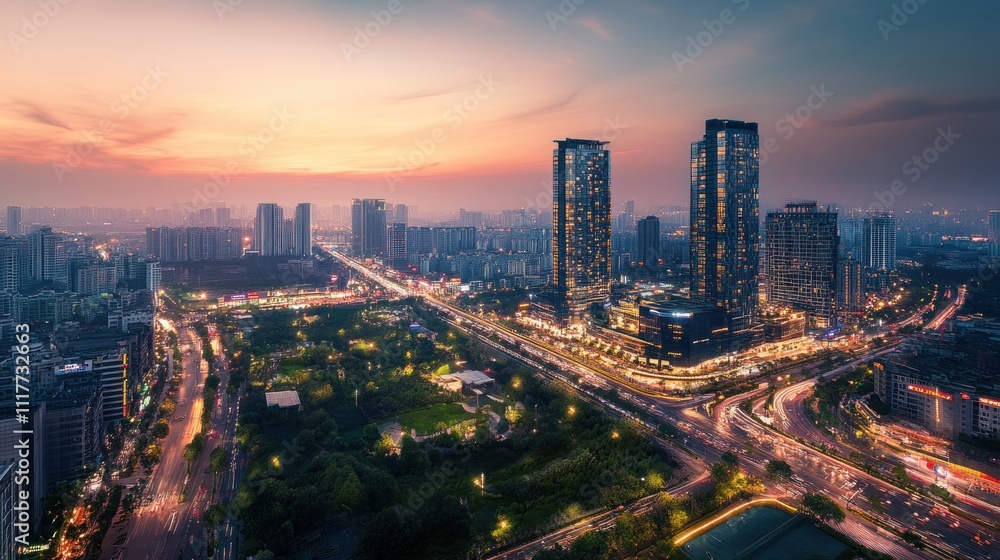 Fototapeta premium Sunset Cityscape: Aerial View of Modern Metropolis at Dusk