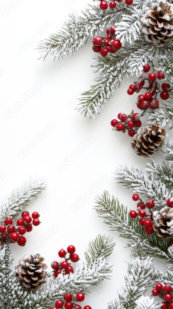 Snowdusted fir branch holiday border with red berries and pine cones Snowdusted fir branch holiday border with red berries and pine cones