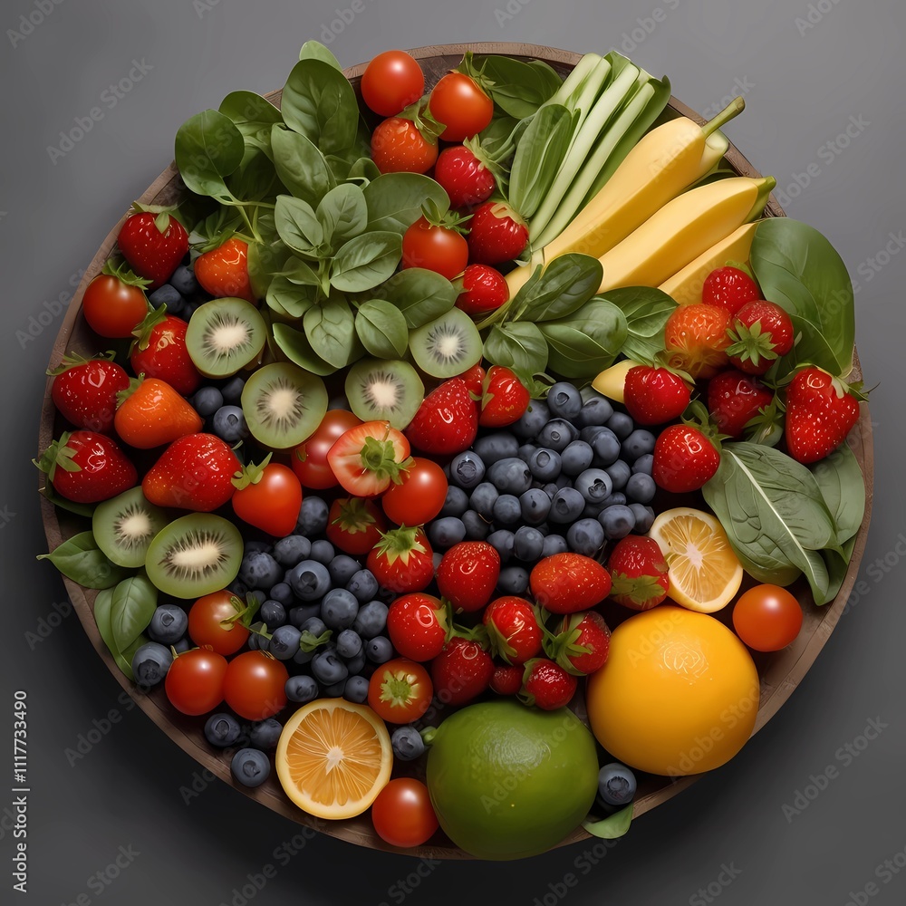 Flat lay of assorted fruits and vegetables including strawberries, blueberries, spinach leaves and cherry tomatoes arranged in a circular pattern on a soft gray background. Flat lay of assorted fruits and vegetables including strawberries, blueberries, spinach leaves and cherry tomatoes arranged in a circular pattern on a soft gray background.