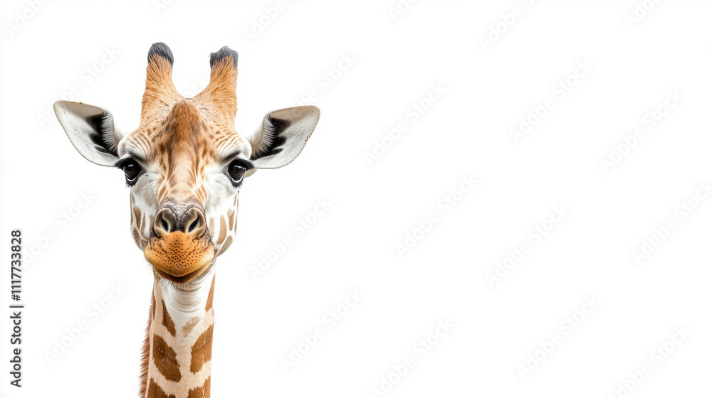 Fototapeta premium Close-up of a giraffe's face set against a stark white background, highlighting its unique patterns and features.