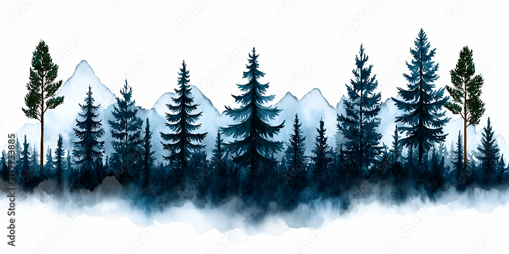 Fototapeta premium A serene watercolor illustration of a dense forest with evergreen trees and distant mountains, evoking a sense of tranquility and nature.