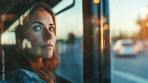 A young woman with long hair looks out a window.