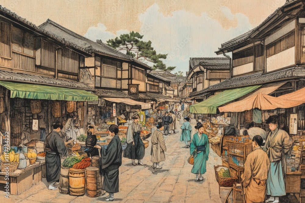 Obraz premium A bustling Edo street market scene with merchants, traditional buildings, and colorful wares