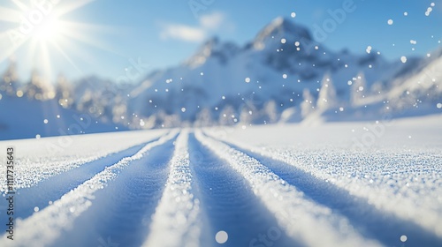 Groomed ski tracks in sunny winter mountain landscape