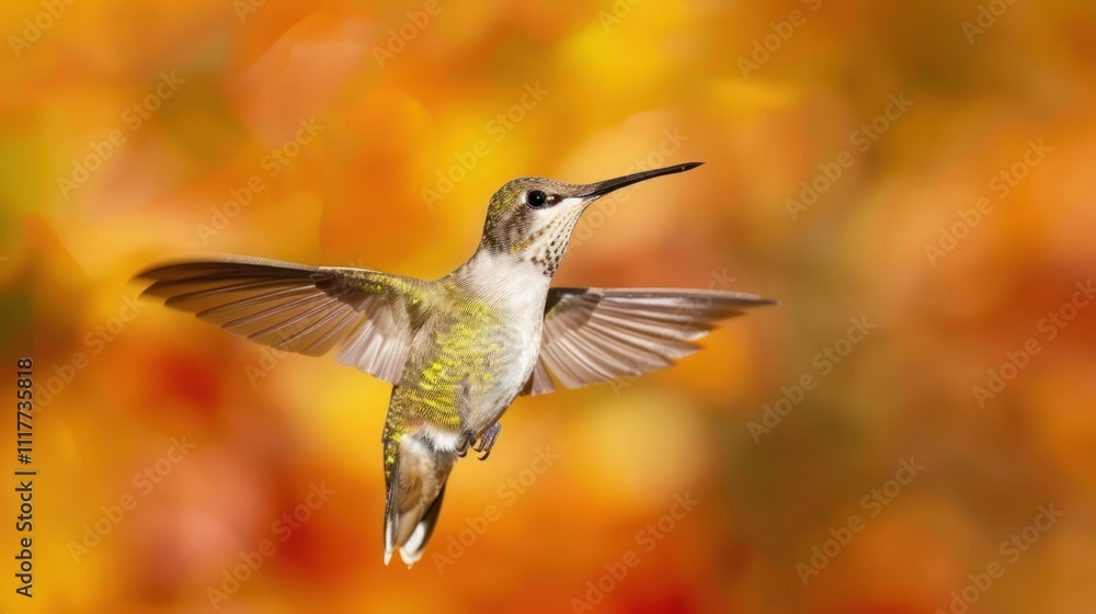 Naklejka premium Hummingbird in Autumnal Flight: A Burst of Color and Grace