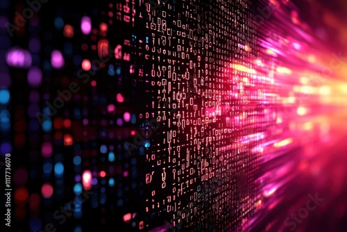 Wallpaper Mural A vibrant, abstract digital background featuring illuminated binary code, showcasing a blend of colors like pink, blue, and purple. Torontodigital.ca