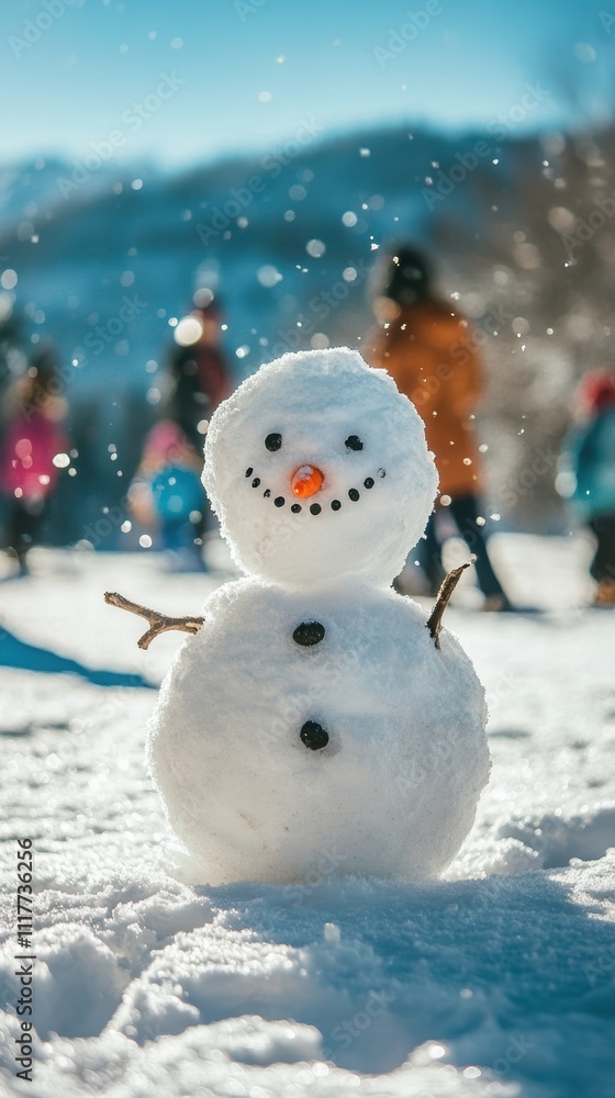 Obraz premium Sunlit winter landscape with partially built snowman and mountains