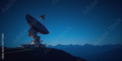 A massive radio telescope pierces the dark night sky, silently capturing cosmic whispers and distant celestial signals from unknown galaxies