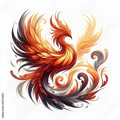 A vibrant fantasy illustration of the Firebird, a legendary magical creature from Slavic folklore, depicted in mid-flight on a white background. 