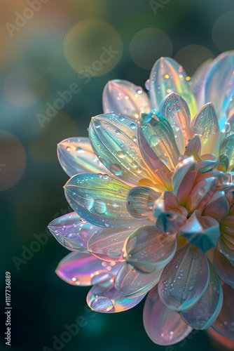 Closeup of a flower with dew drops on its petals.