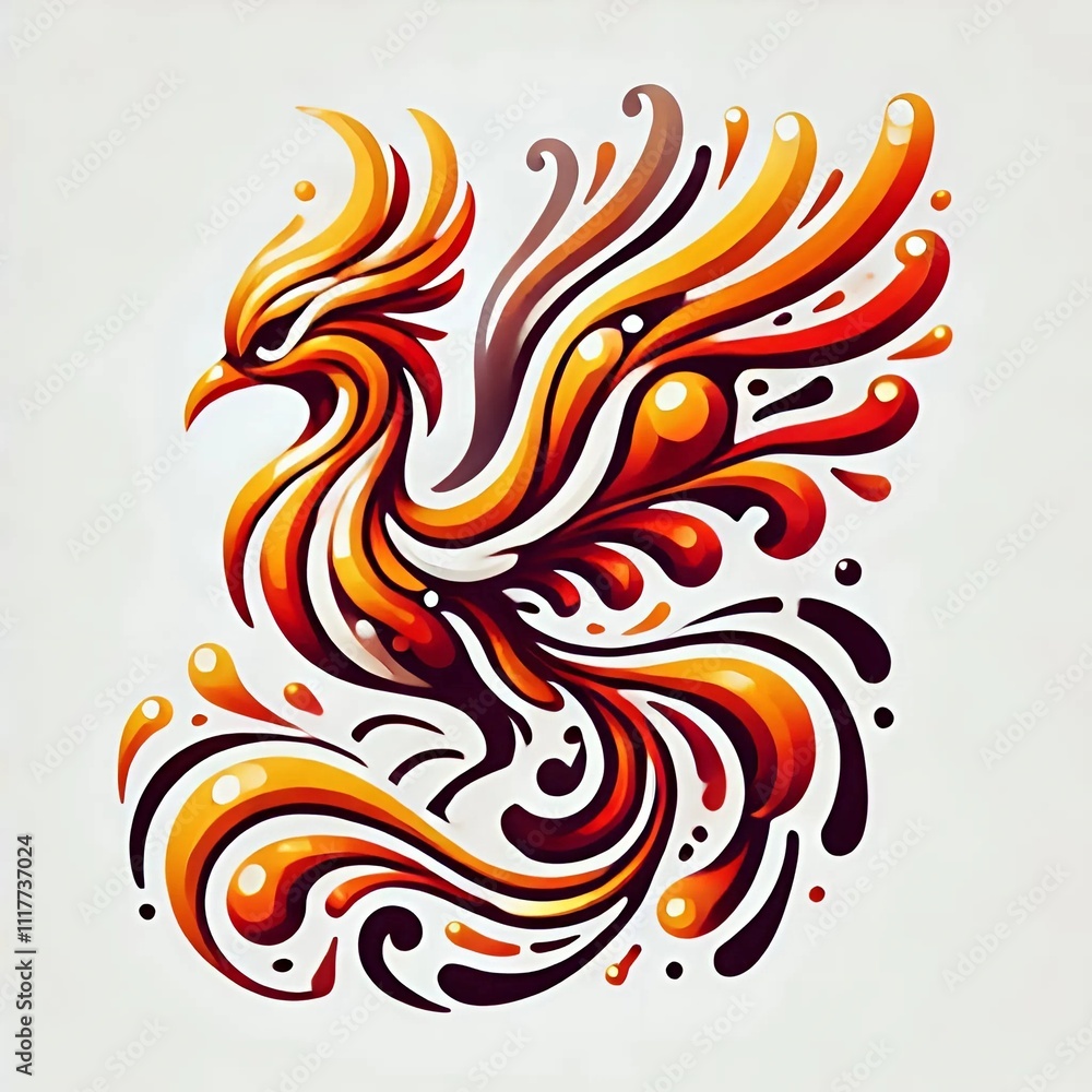 Fototapeta premium A vibrant fantasy illustration of the Firebird, a legendary magical creature from Slavic folklore, depicted in mid-flight on a white background.