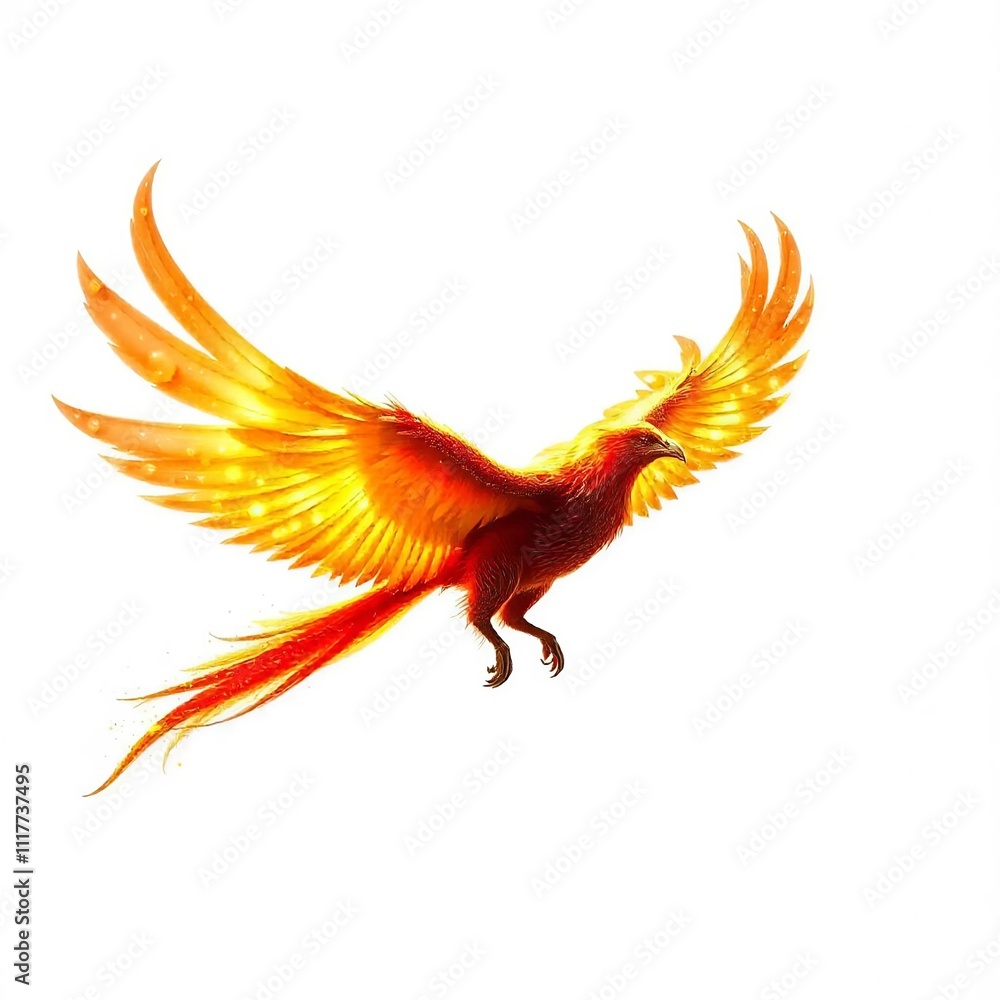 A vibrant fantasy illustration of the Firebird, a legendary magical creature from Slavic folklore, depicted in mid-flight on a white background. A vibrant fantasy illustration of the Firebird, a legendary magical creature from Slavic folklore, depicted in mid-flight on a white background.