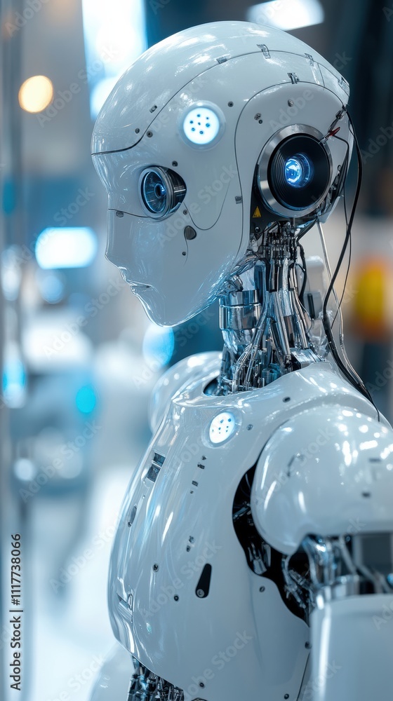 Fototapeta premium Humanoid ai robot interacting with diagnostic tools in medical lab