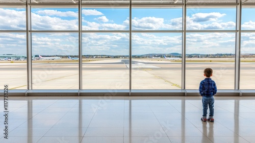 A child gazing out the airport window, captivated by the planes and the vast sky beyond. photo