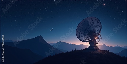 A massive radio telescope pierces the dark night sky, silently capturing cosmic whispers and distant celestial signals from unknown galaxies