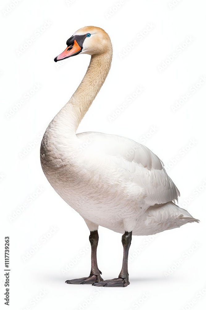 A graceful swan stands elegantly, showcasing its long neck and pristine white feathers against a clean background. A graceful swan stands elegantly, showcasing its long neck and pristine white feathers against a clean background.