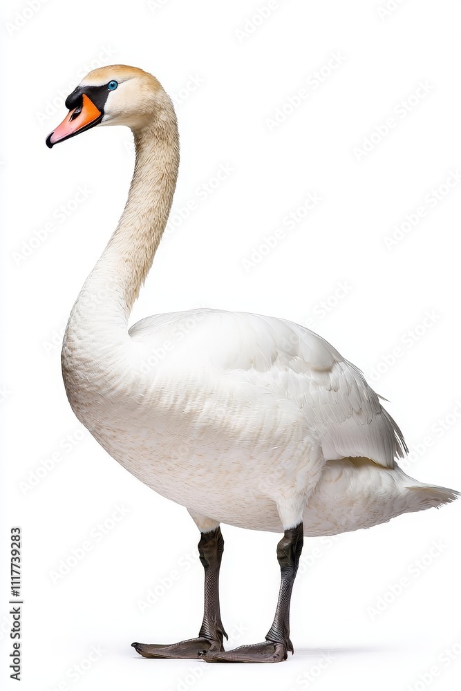 A graceful swan stands elegantly with its long neck curved, showcasing its pristine white feathers and distinctive orange bill against a clean background. A graceful swan stands elegantly with its long neck curved, showcasing its pristine white feathers and distinctive orange bill against a clean background.