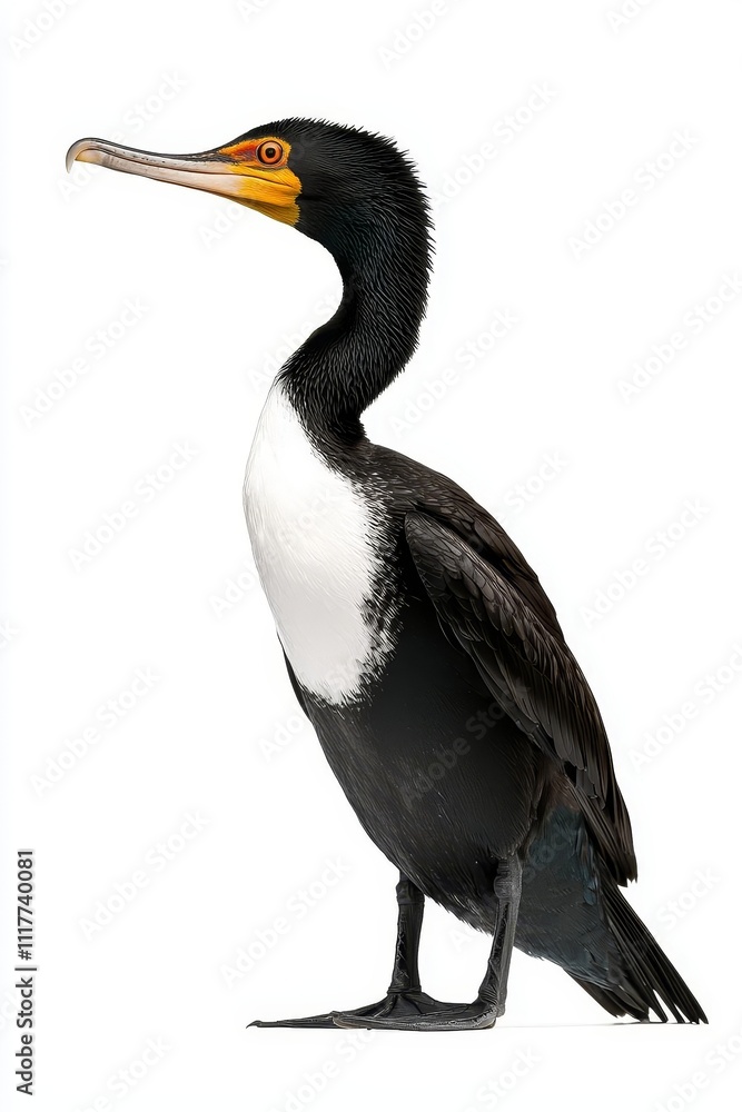 A striking black and white cormorant stands upright, showcasing its distinctive features and elegant posture against a plain background. A striking black and white cormorant stands upright, showcasing its distinctive features and elegant posture against a plain background.
