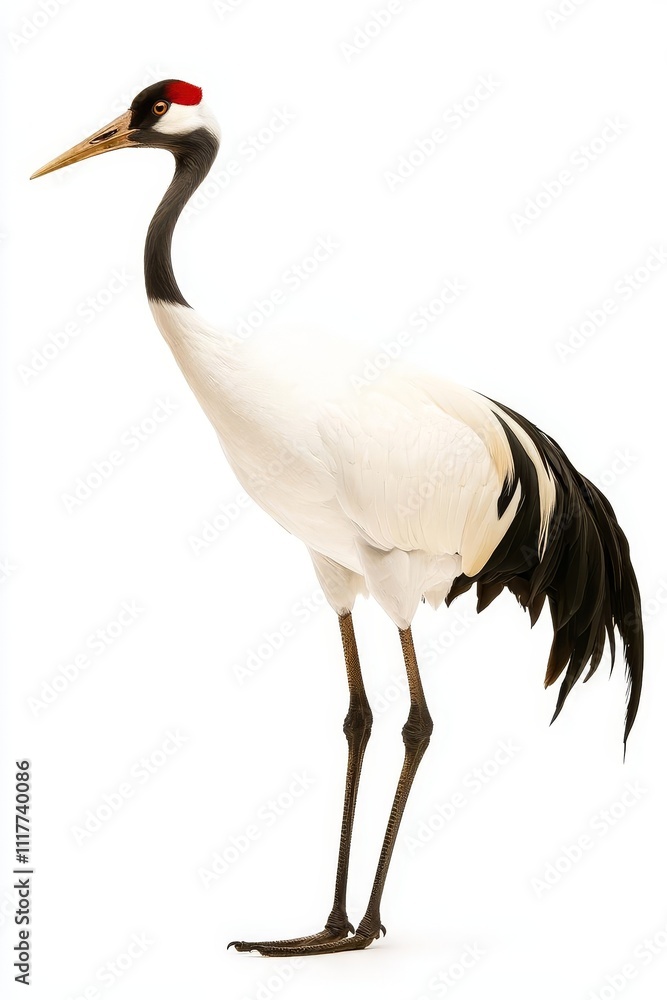 A graceful crane stands tall with a striking red crown, showcasing its elegant white body and long legs against a plain background. A graceful crane stands tall with a striking red crown, showcasing its elegant white body and long legs against a plain background.